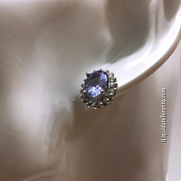 Brand New 14K White Gold Tanzanite & Diamond Halo Earrings. Pretty Periwinkle! - Picture 4 of 12